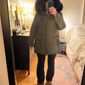 Derek Lam Women's Olive Parka with Black Fur Hood